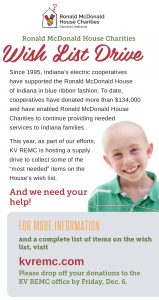 Kankakee Valley REMC and Ronald McDonald House Wish List Drive Ad