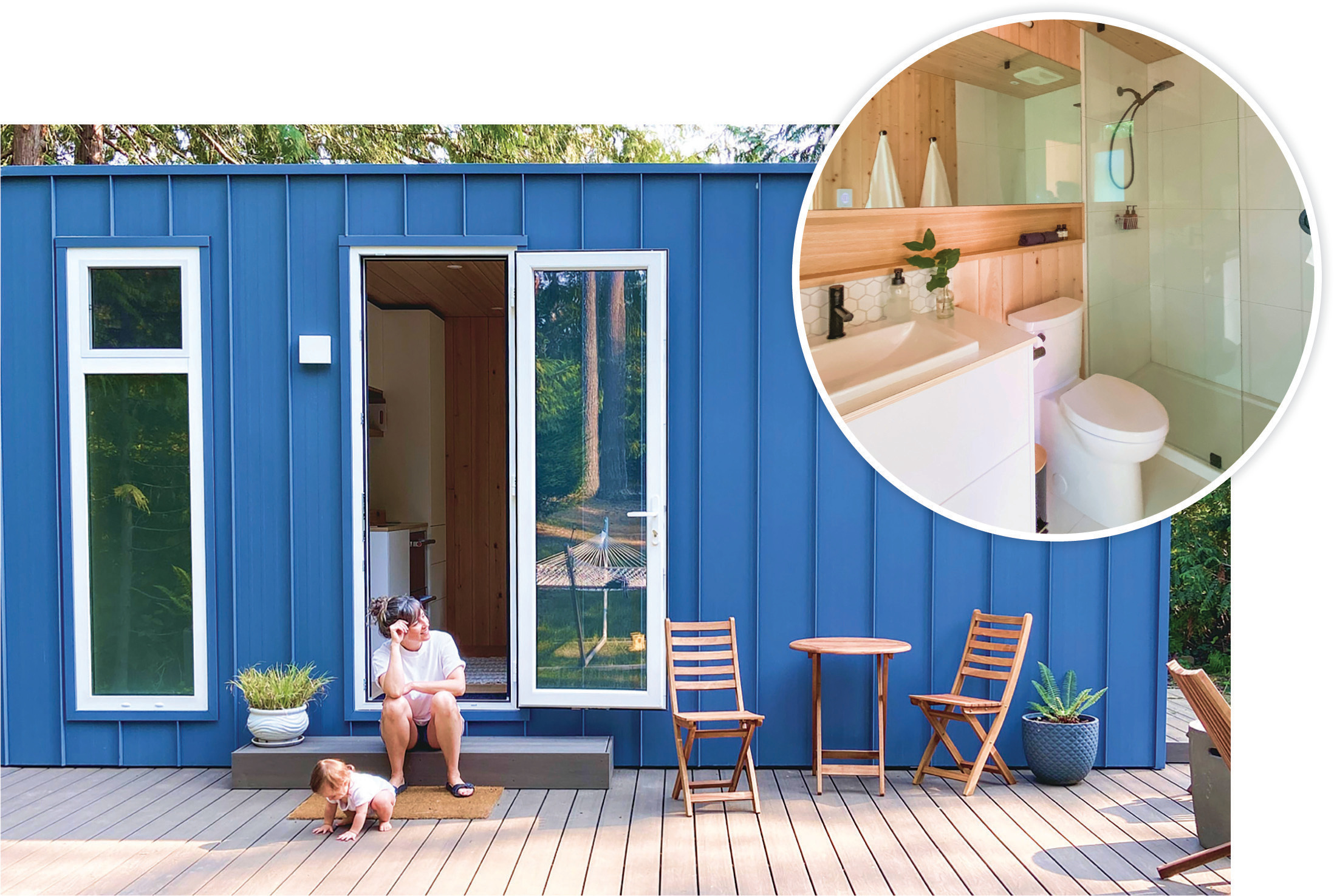 Woman and child outside a tiny home